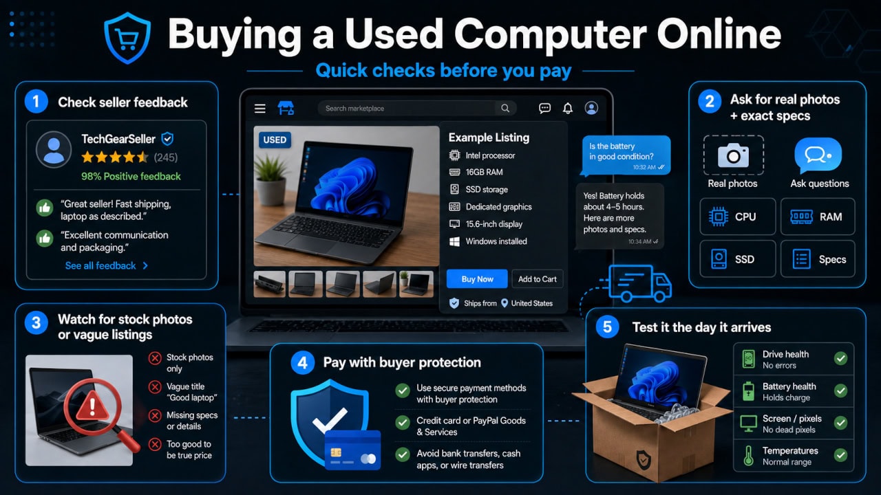 An online used computer buying checklist covering seller feedback, refurbished grade, secure payment, and testing the machine on arrival.