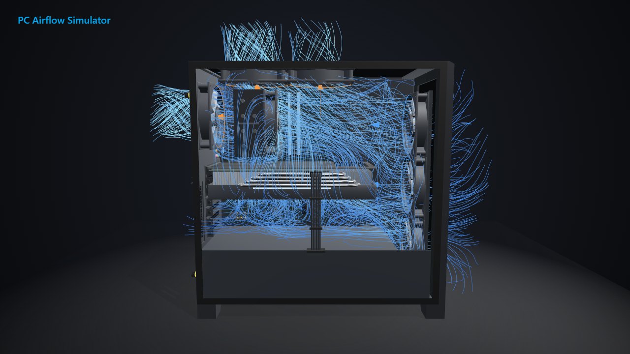 Simulated Corsair 4000D Airflow with five fans, blue air paths entering at the front and leaving through the roof and rear