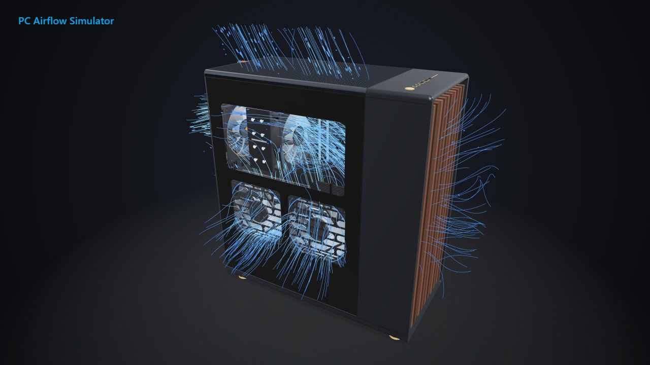 Simulated Fractal Design North with blue air paths coming in through the front and two side fans and leaving through the roof
