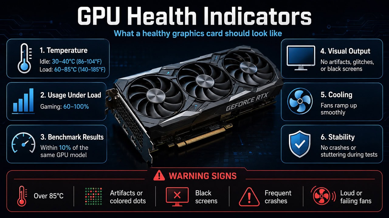 Infographic listing six healthy graphics card indicators (temperature, usage, benchmarks, visual output, cooling, and stability) alongside common warning signs.