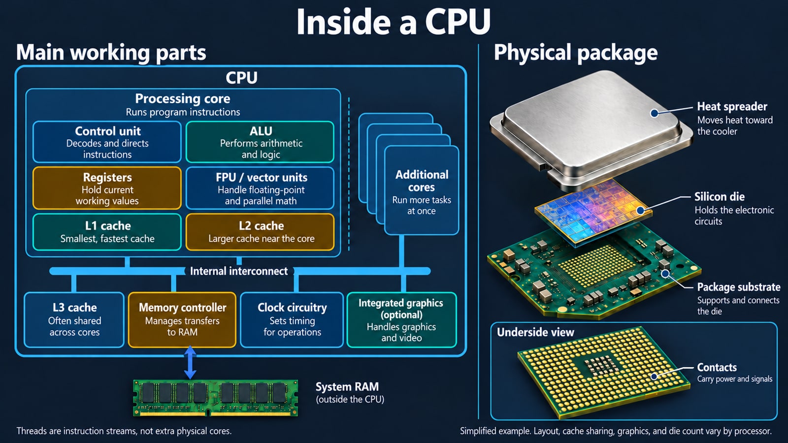 Diagram of the working units inside a processor, from the control unit, ALU and cache to the memory controller, beside an exploded view of the heat spreader, die, substrate and contacts