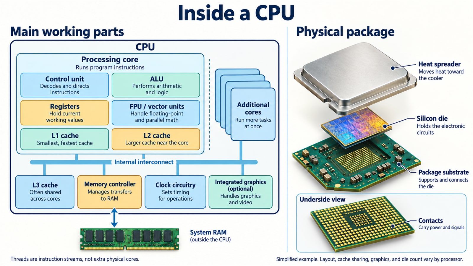 Diagram of the working units inside a processor, from the control unit, ALU and cache to the memory controller, beside an exploded view of the heat spreader, die, substrate and contacts