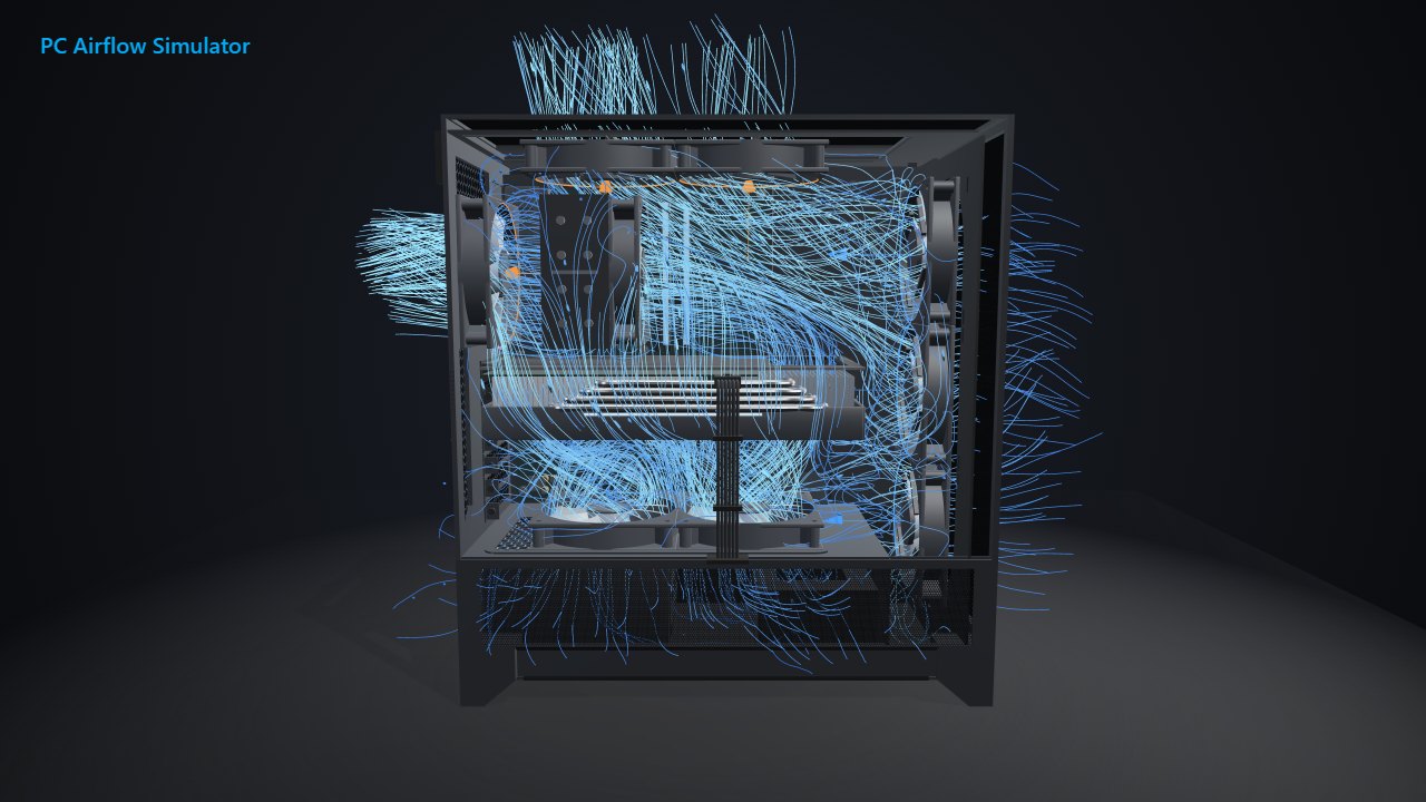 Simulated NZXT H5 Flow with eight fans, blue air paths entering at the front and rising from the bottom fans to the roof