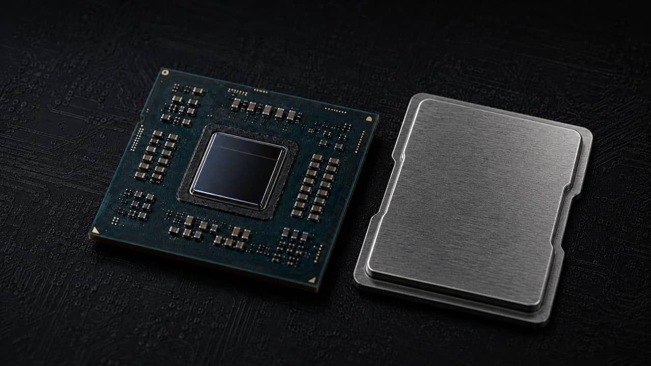A desktop processor with its heat spreader removed, showing the bare silicon die on the green package substrate beside the metal lid.