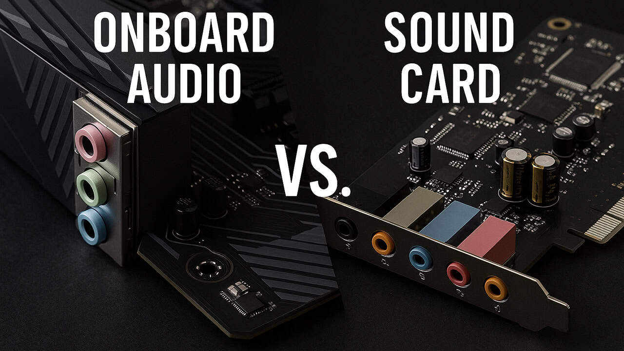 An image of the audio ports on a motherboard with a section of a sound card next to it.