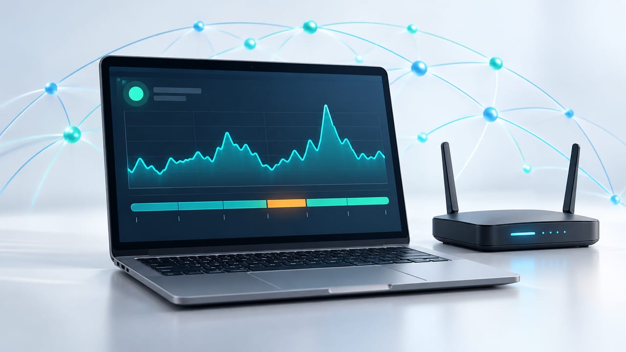 A laptop showing a live speed graph beside a home Wi-Fi router