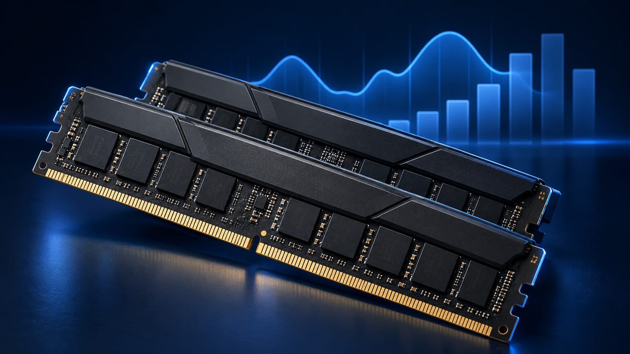 Two memory sticks in front of a glowing blue memory chart