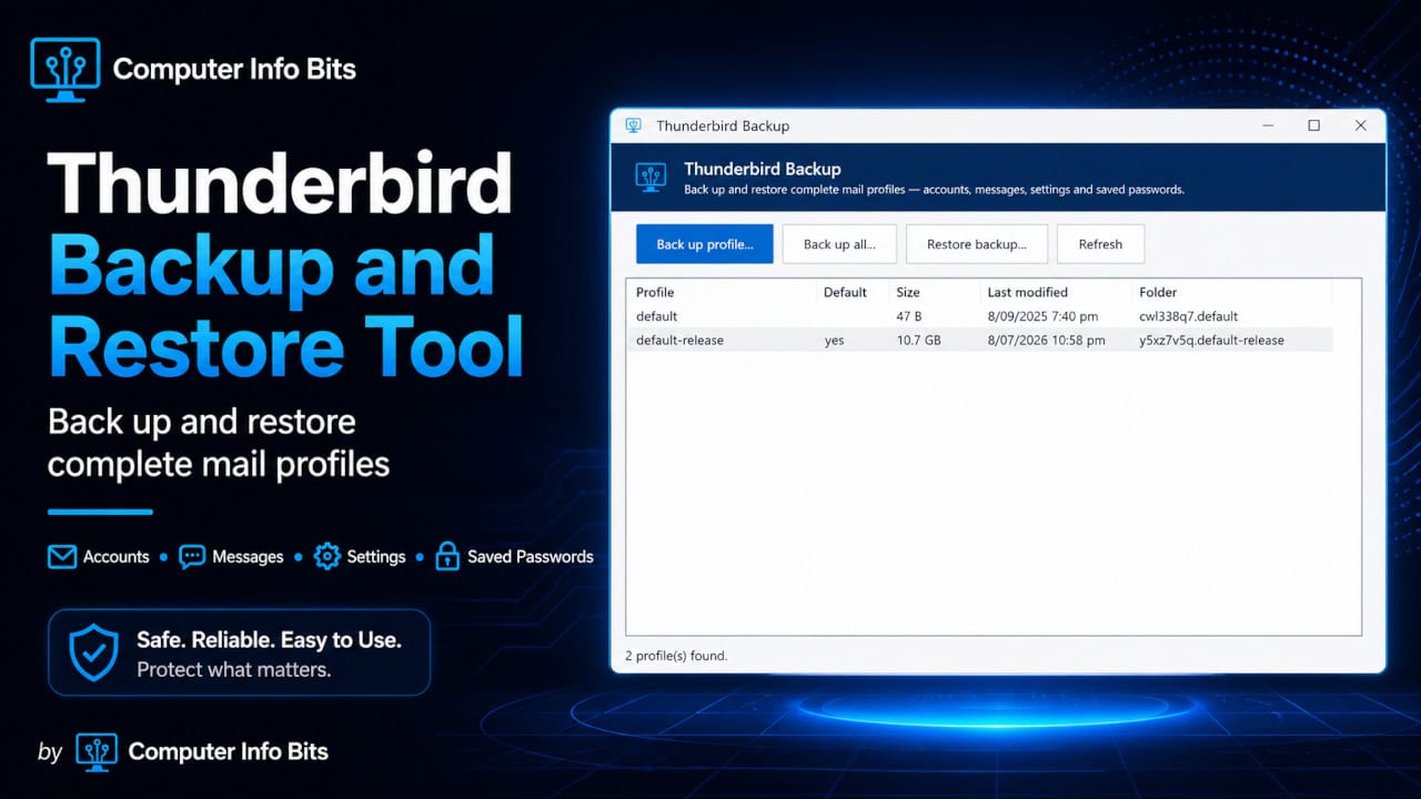 Thunderbird Backup and Restore Tool by Computer Info Bits, showing the app window listing mail profiles next to feature icons for accounts, messages, settings, and saved passwords