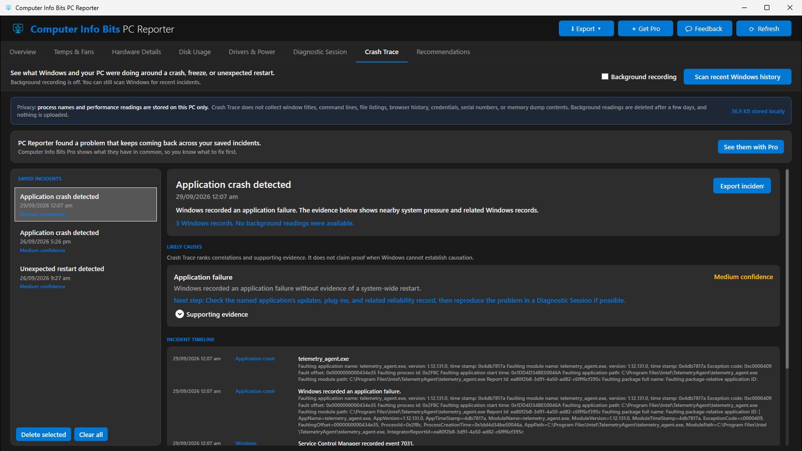 Crash Trace with three saved incidents, the Background recording switch, and the likely cause of an app crash with its confidence label