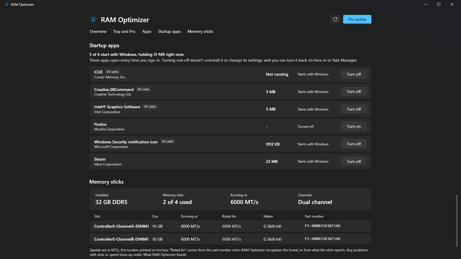 Six startup apps with the memory each holds, above 32 GB of DDR5 running at 6000 MT/s in dual channel