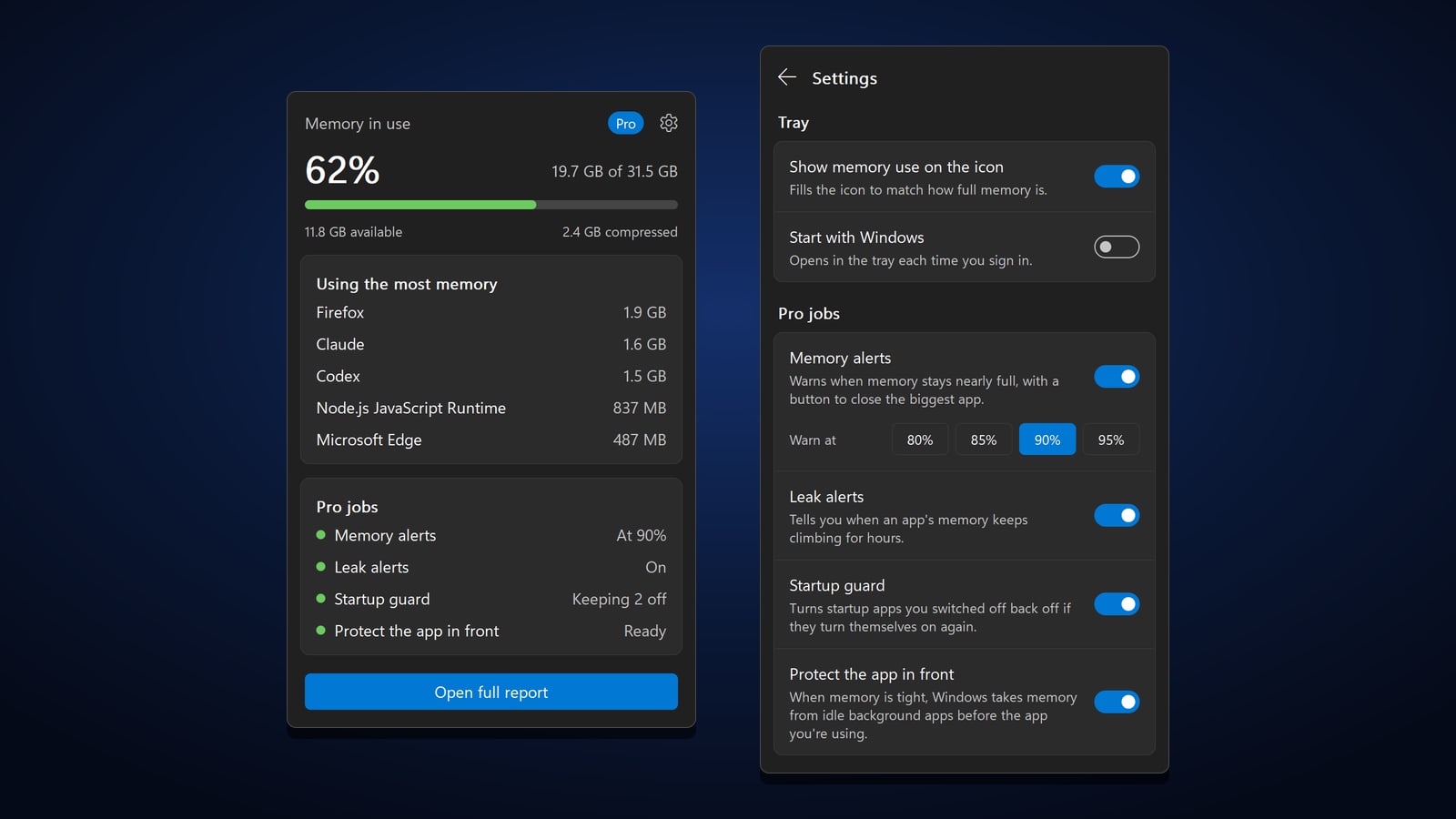 The tray panel with 62% of memory in use and the five apps using the most, next to its settings switches
