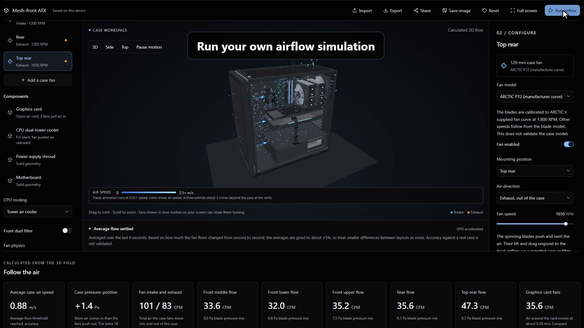The full airflow simulator with fan settings on the right and measured flows for each fan below the 3D case