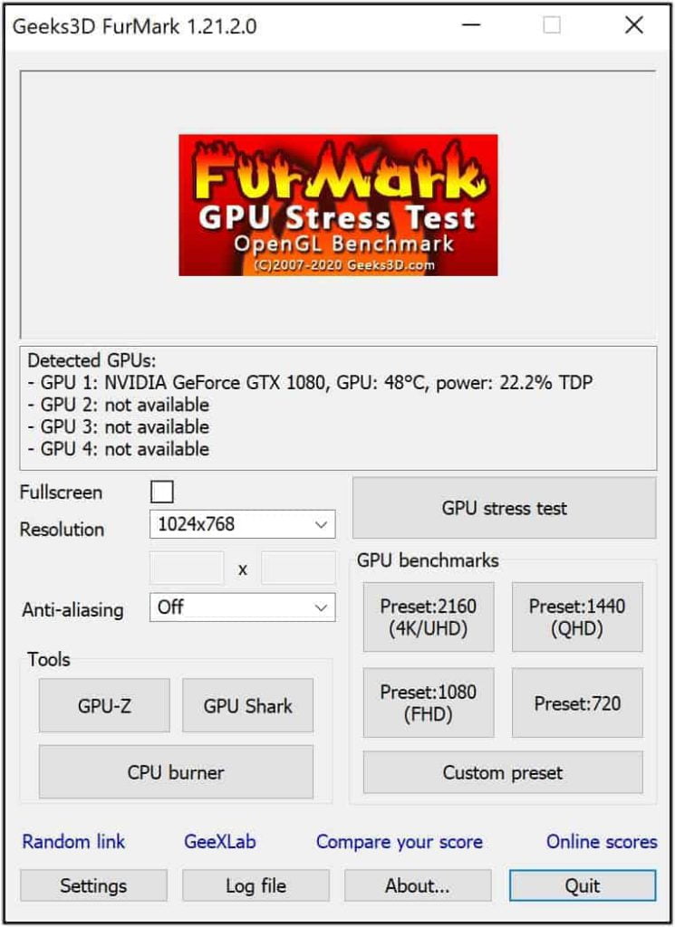Interfaccia utente del software per test di stress Furmark