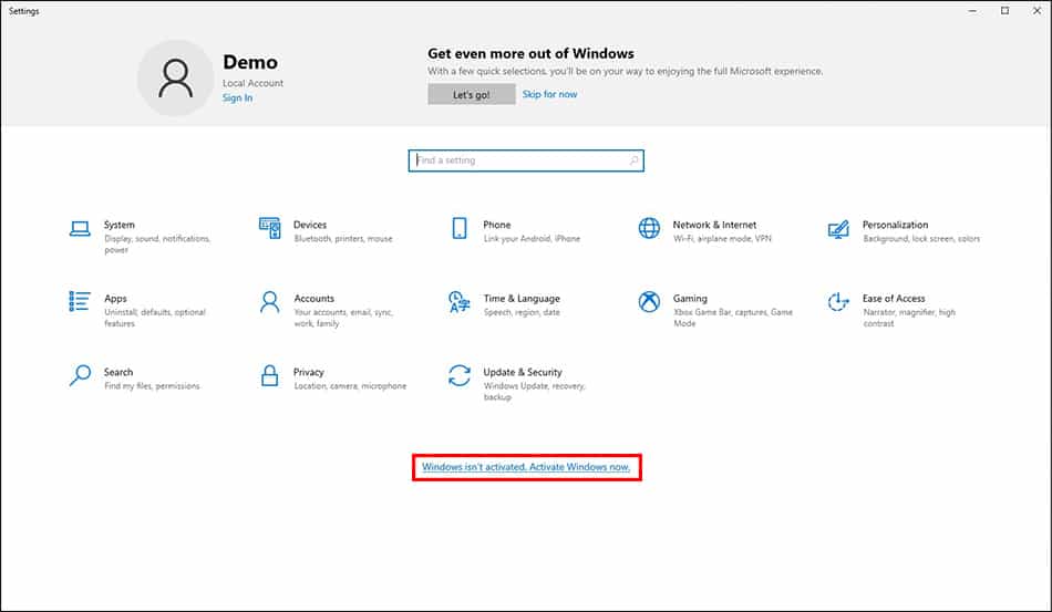 windows 10 settings app with activate windows link