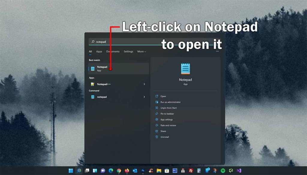 open notepad by left-clicking on it