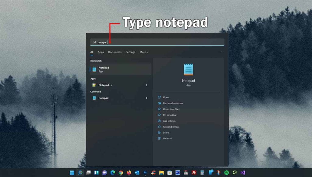 type notepad into search bar