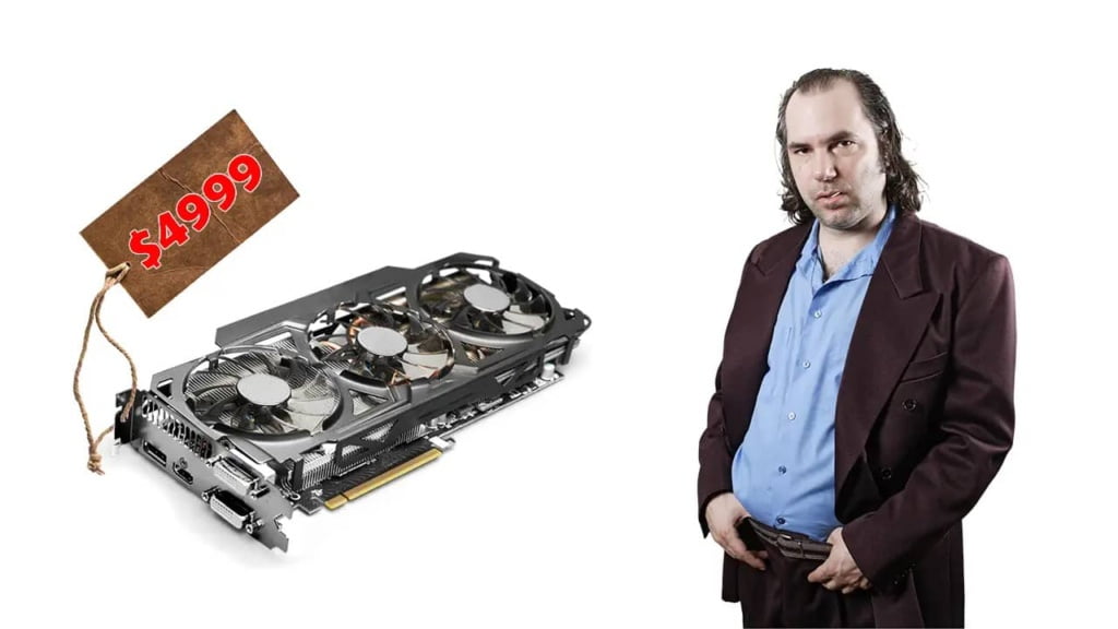 A scalper is standing next to a graphics card with a high price tag.
