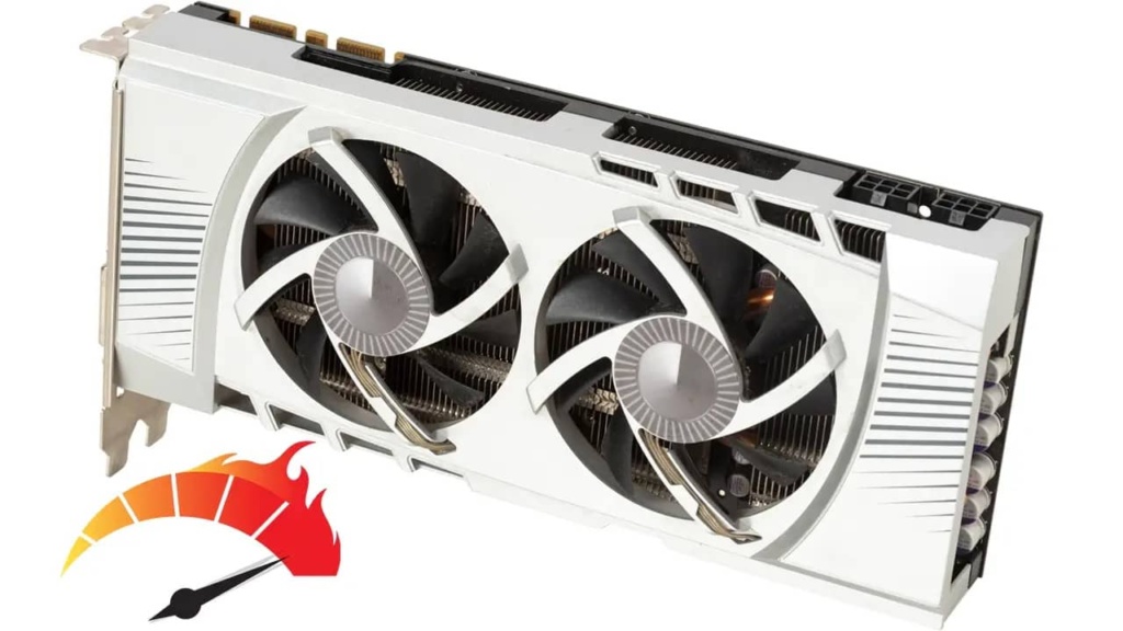 A graphics card with level meter beside it indicating a spike in utilization.