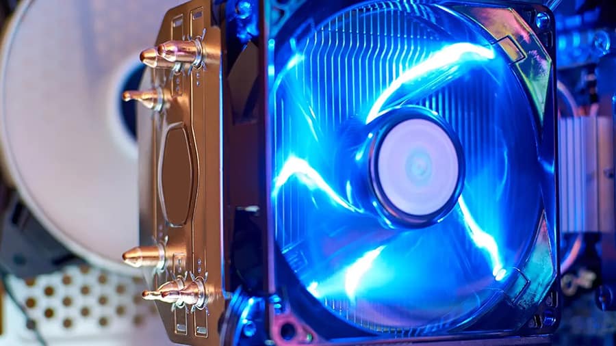 A CPU cooler's fan is spinning up fast to keep the CPU cooler.