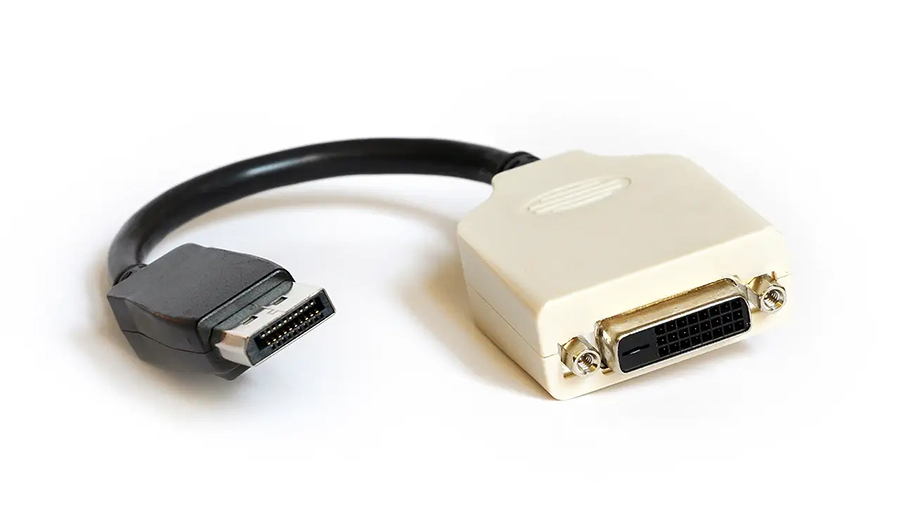 A DisplayPort to DVI adapter showing both ends.