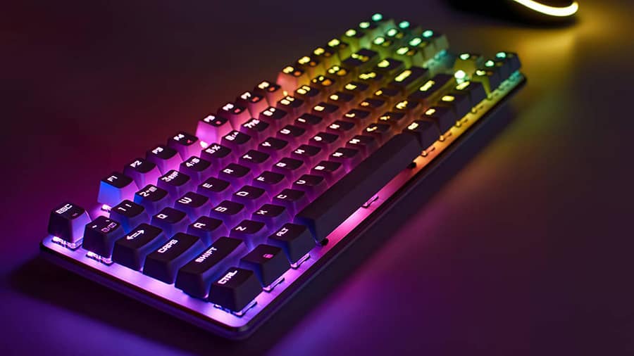A mechanical keyboard with RGB lighting.