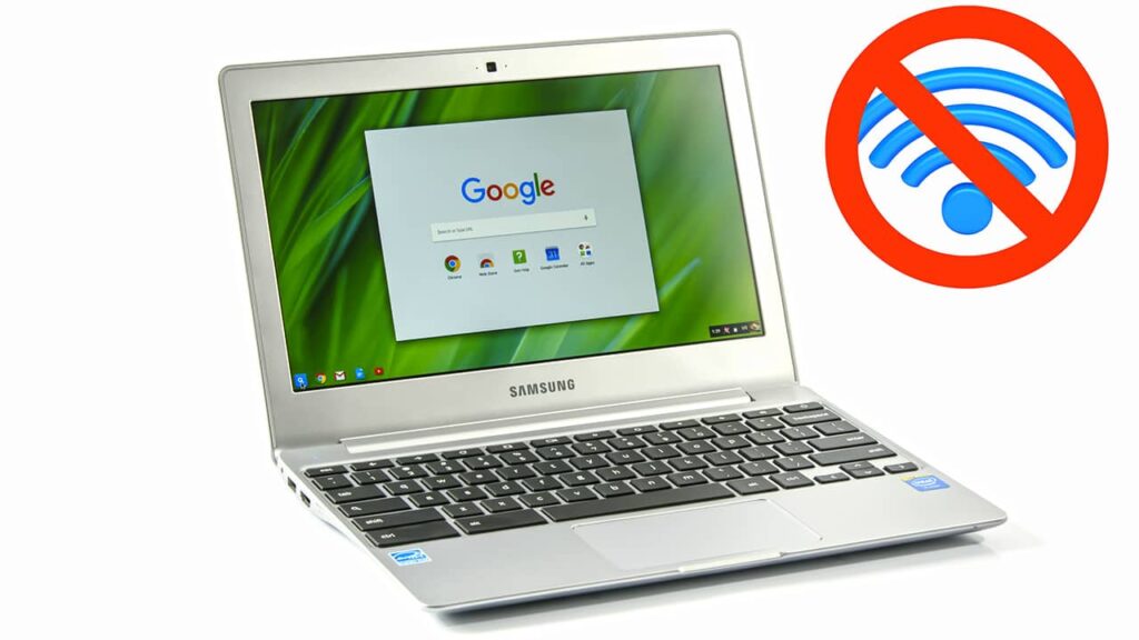 A Chromebook without internet. A no WiFi symbol is placed next to it.