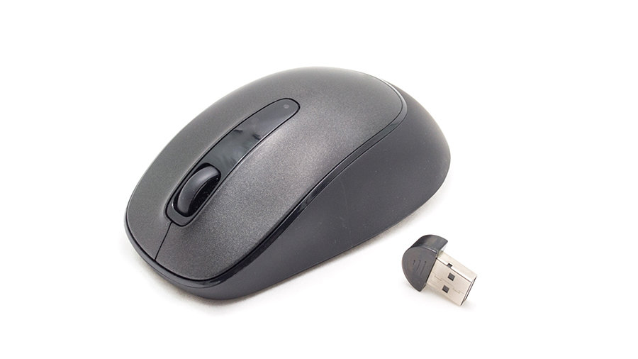 A wireless mouse with a USB receiver beside it.