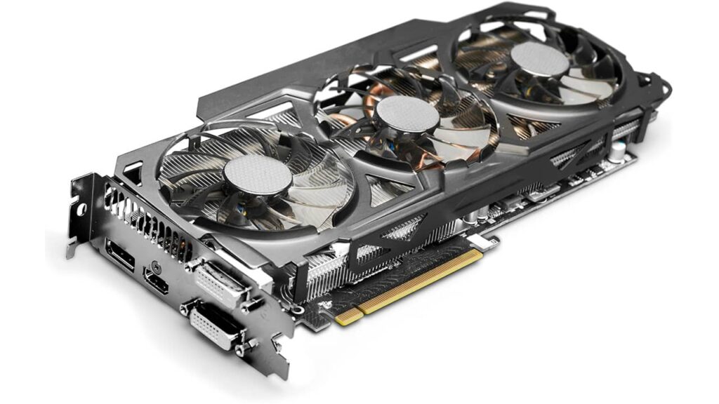 A computer graphics card with three cooling fans.