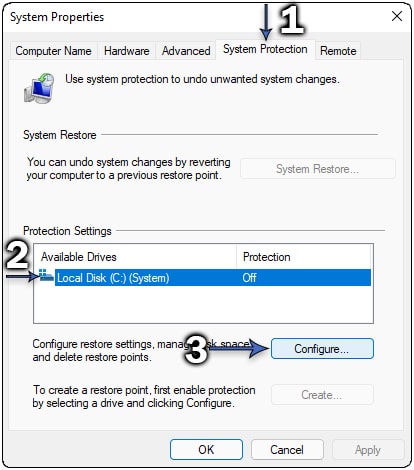 How to access the System Protection configuration in Windows 11.