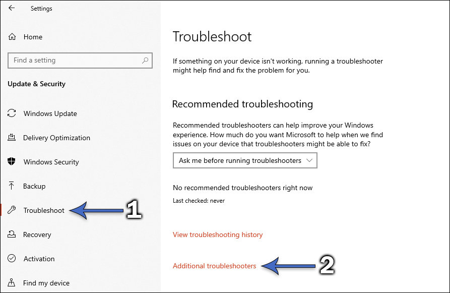 How to select Additional troubleshooters.