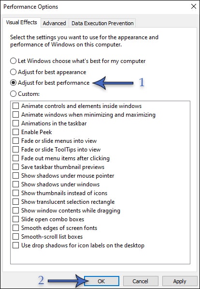 Adjust Windows appearance for best performance using Advanced System Settings.