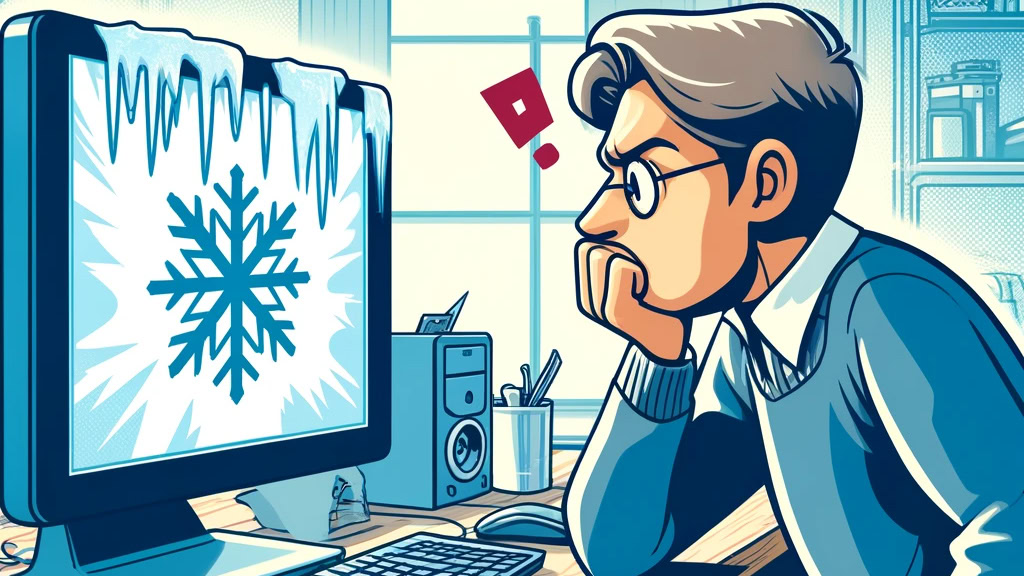 A cartoon rendering of a guy staring at a frozen computer.