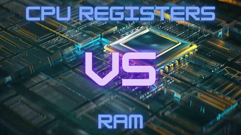 Comparison between CPU registers and RAM, showing a CPU with fast data blocks inside representing registers, and memory chips representing RAM with larger data blocks.