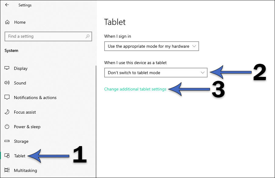 How to change Tablet Mode Settings to maintain the desktop appearance.