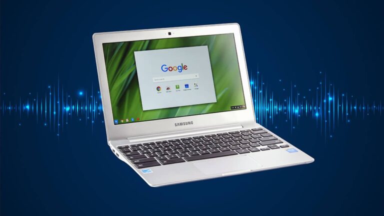 A Chromebook is overlayed upon a soundwave abstract background illustrating a buzzing noise.