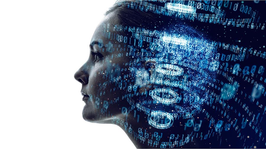 Computer programming abstract with woman's face.