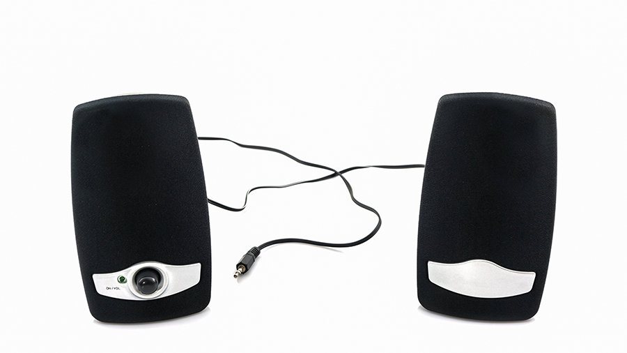 A pair of desktop computer speakers.