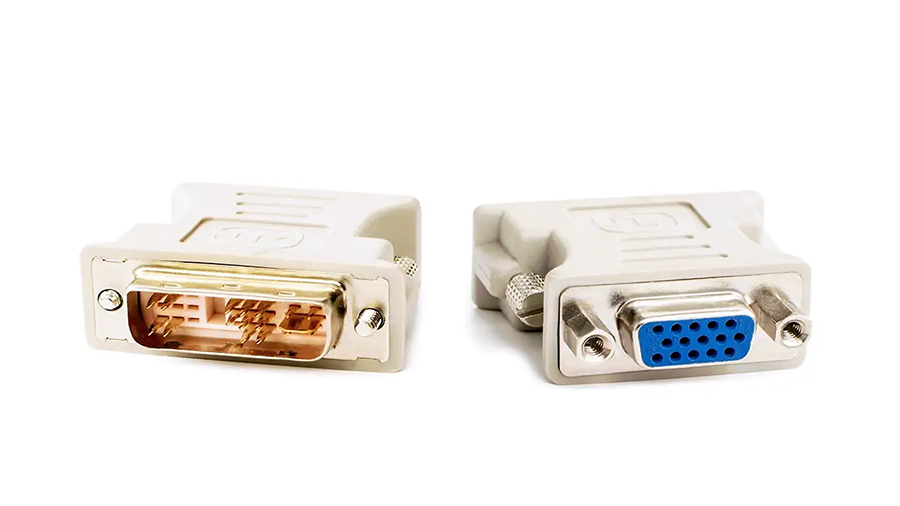A DVI to VGA adapter is shown from both ends.