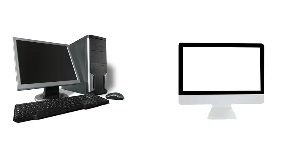 A desktop pc next to an all-in-one computer.