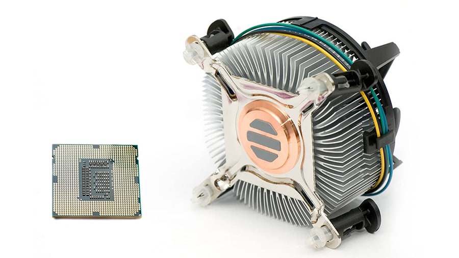 An Intel CPU with a stock cooler.