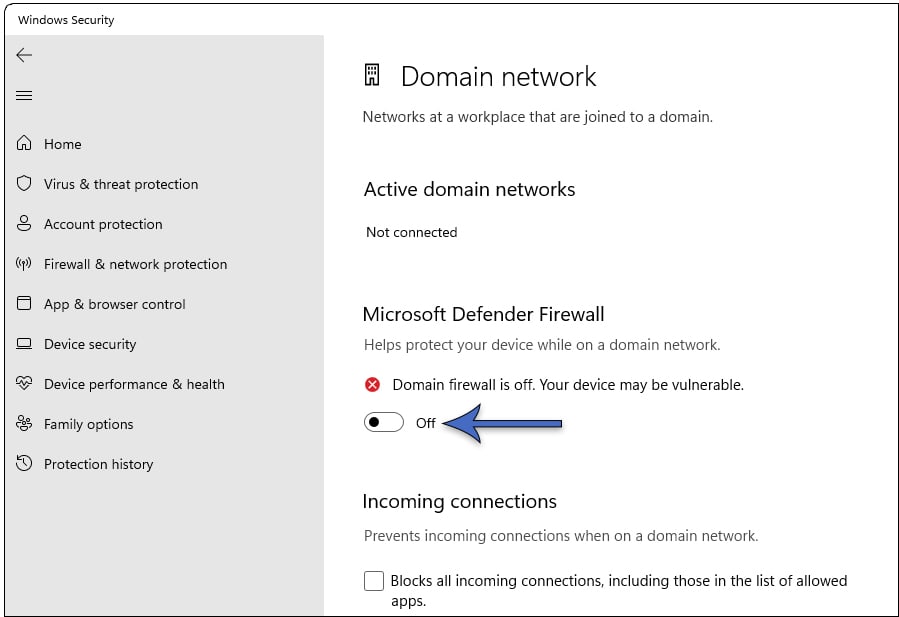 Domain firewall is toggled off.