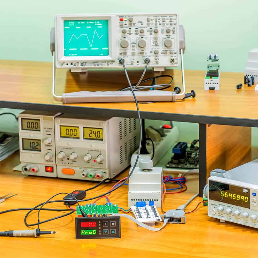 An electronics workstation with test equipment.