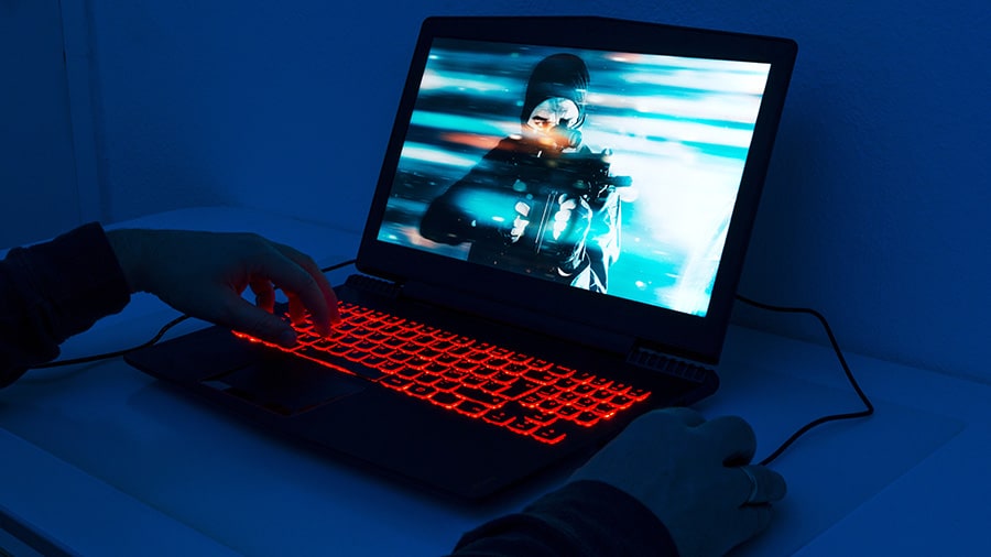 A gaming laptop with a large screen.