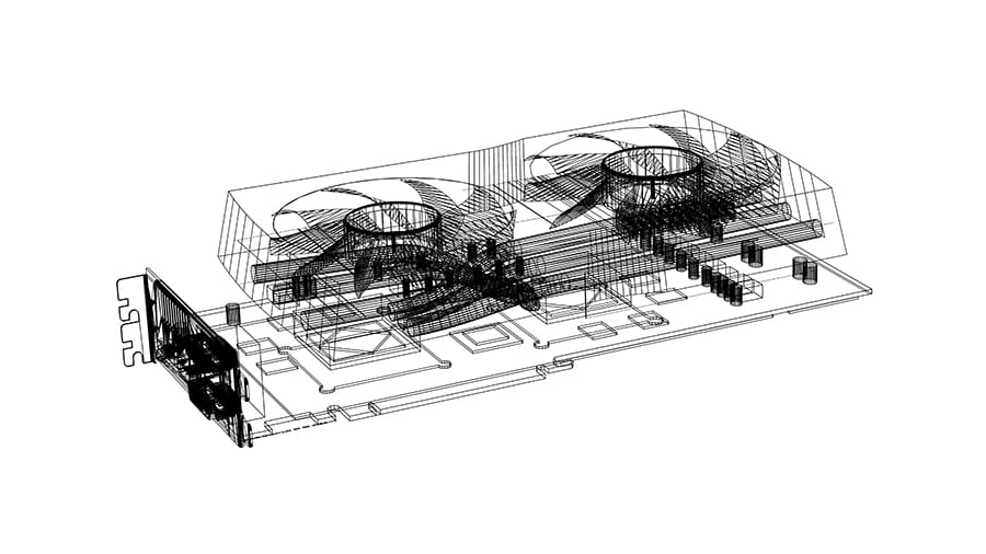 A wireframe CAD model of a graphics card.