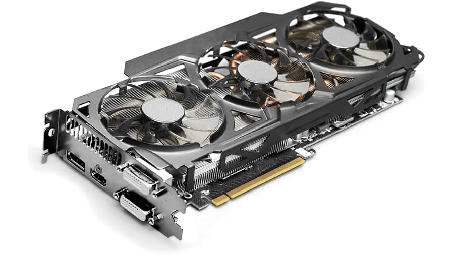 A computer's graphics card with three cooling fans.