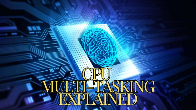 Illustration of a CPU managing multiple tasks simultaneously through cores and threads, representing multitasking in a computer.