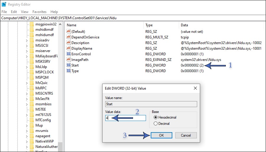 How to change the NDU value to 4 in the Registry Editor.