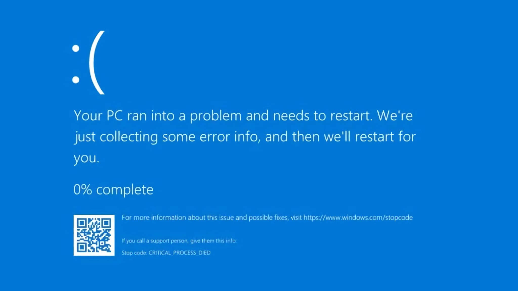 An example of a Critical Process Died blue screen error.