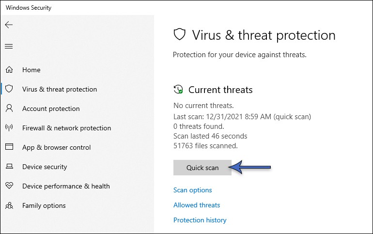 How to run a quick scan with Windows Defender.