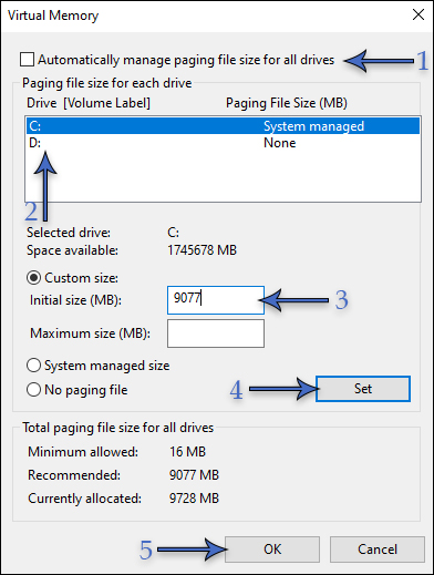 How to set a manual page file size in Windows.